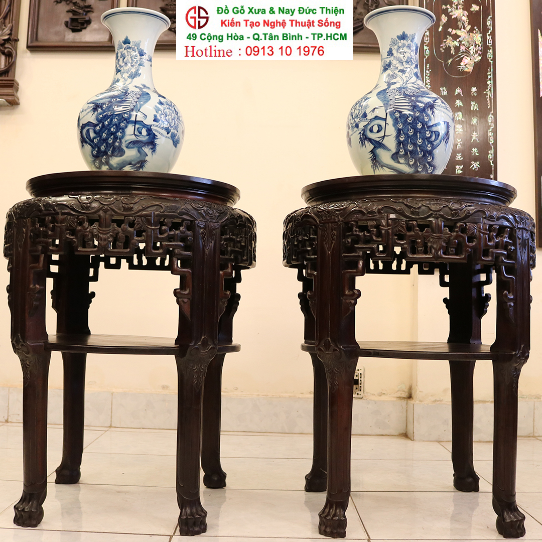 Đôi Đôn Gỗ Kê Đồ Mặt Đá Chữ Tàu Đẹp